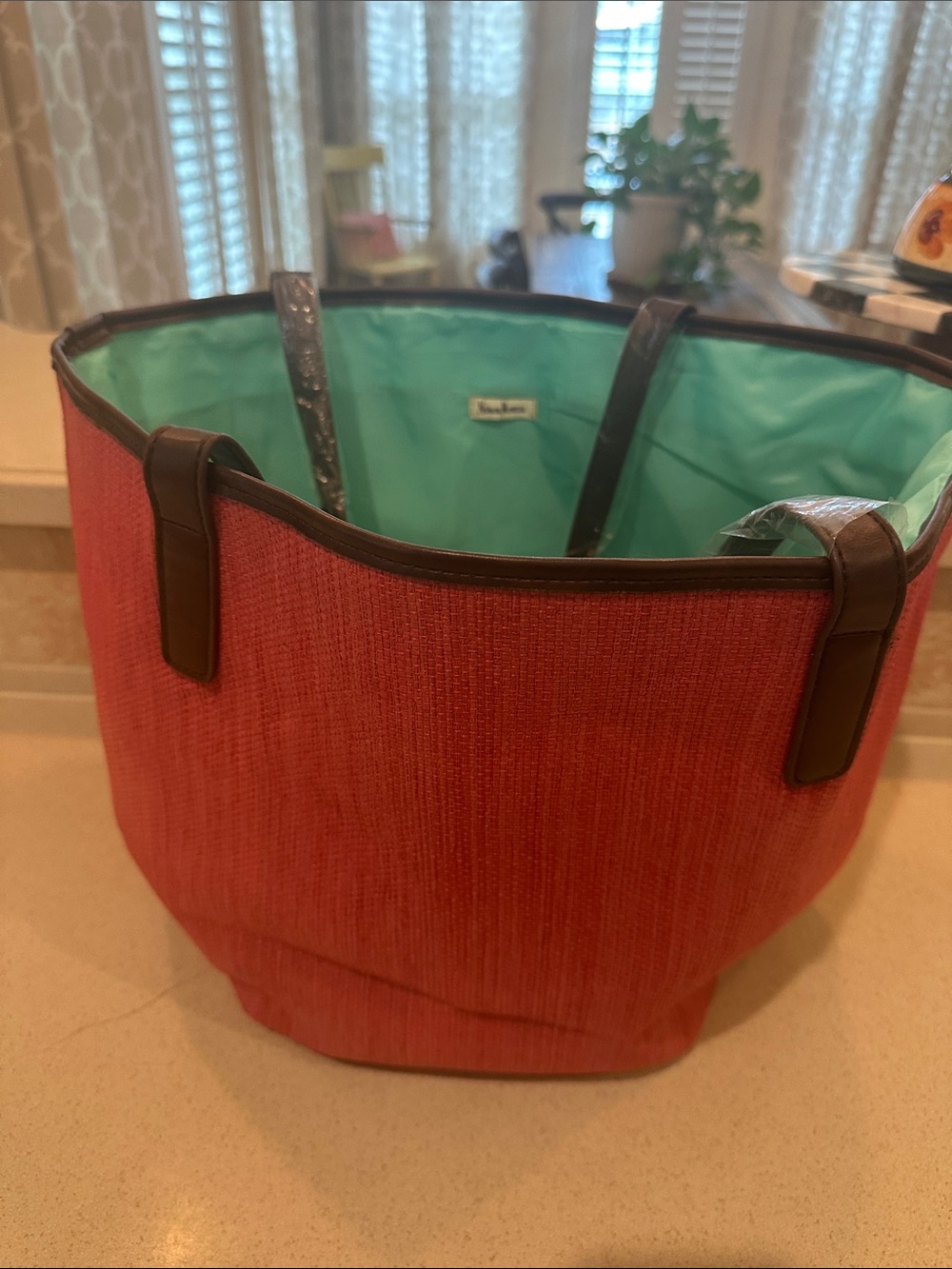 Neiman Marcus Coral Tote with Mint Green Interior and Brown Trim - NEW